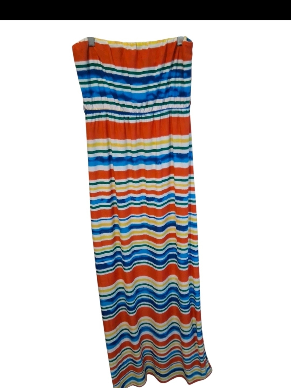 Chesley Women's Medium Strapless Multicolor Striped Maxi Dress Orange Blue Yello